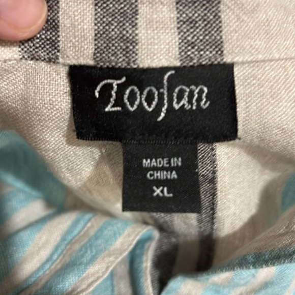 XL 100% Linen Tunic button up striped LONG shell buttons long sleeve Beachy - Picture 7 of 8